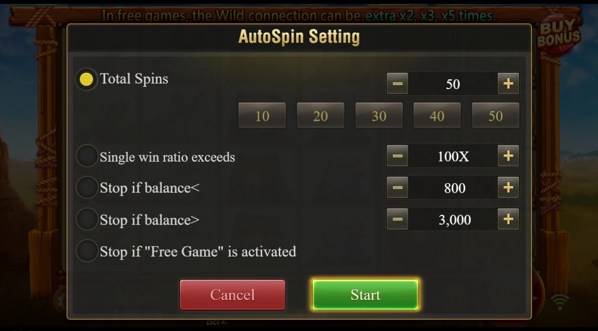 Charge Buffalo demo autoplay settings: spins, win ratio and balance stop limits