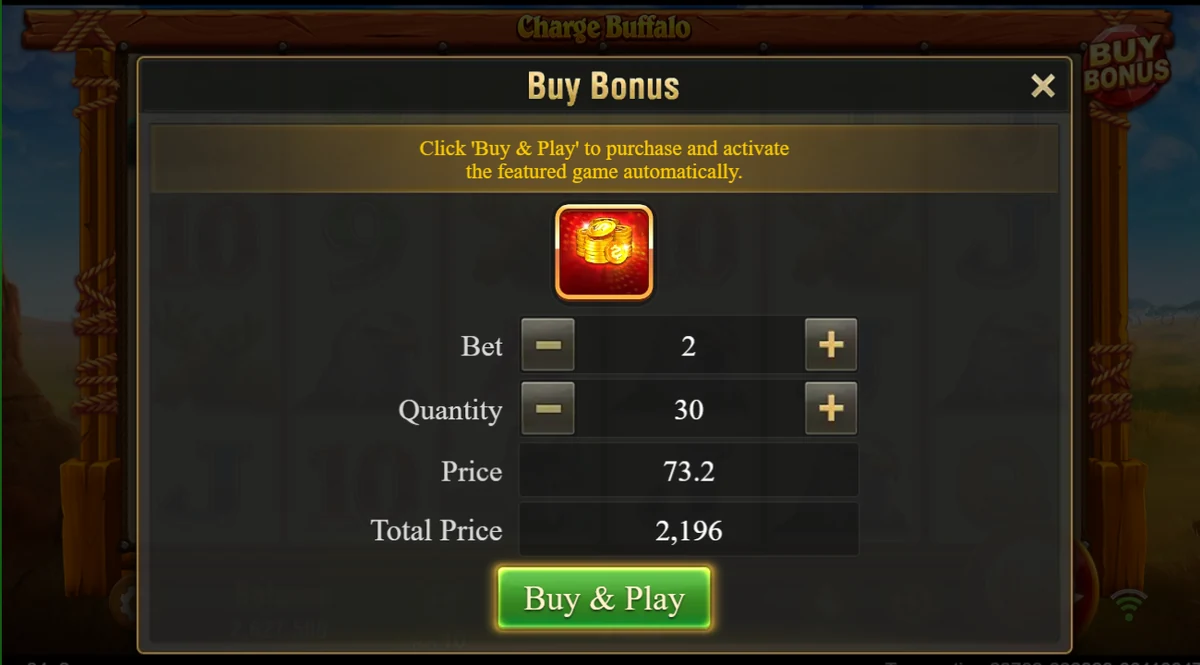Charge Buffalo demo bonus buy menu: 36.6x bet price, quantity and total price
