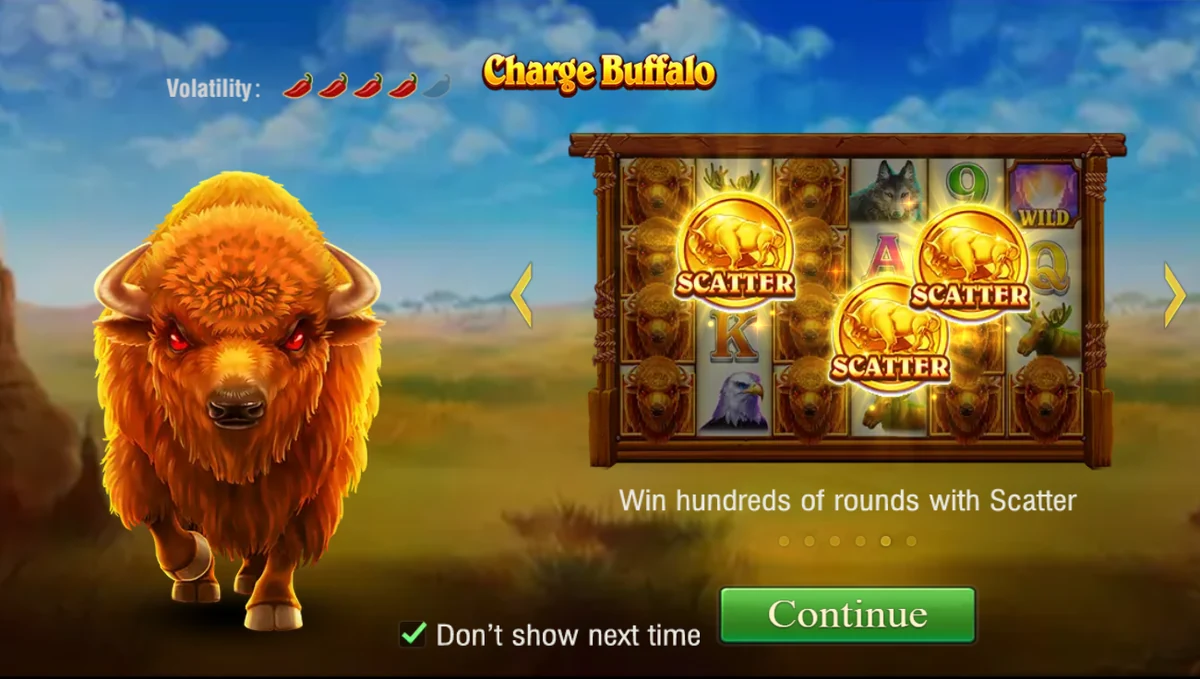 Charge Buffalo slot intro screen: scatters award free rounds in the demo game