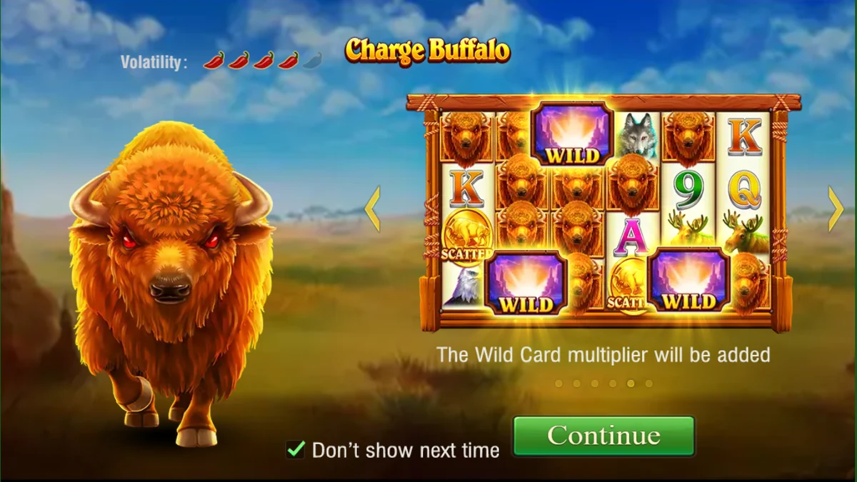 Charge Buffalo demo intro: wild multipliers and 4 of 5 volatility of the JILI slot