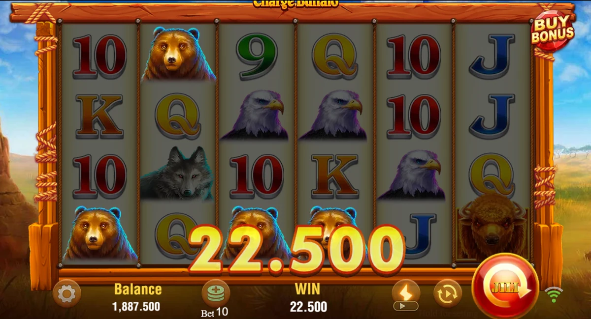 Charge Buffalo slot demo win of 22.50 on bear and eagle ways during our test