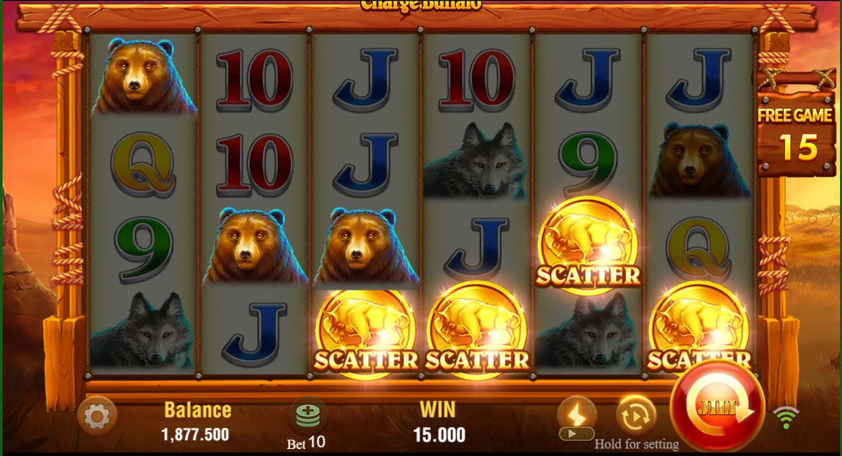 Charge Buffalo demo: four scatters award 15 free games at a bet of 10 on spin 30