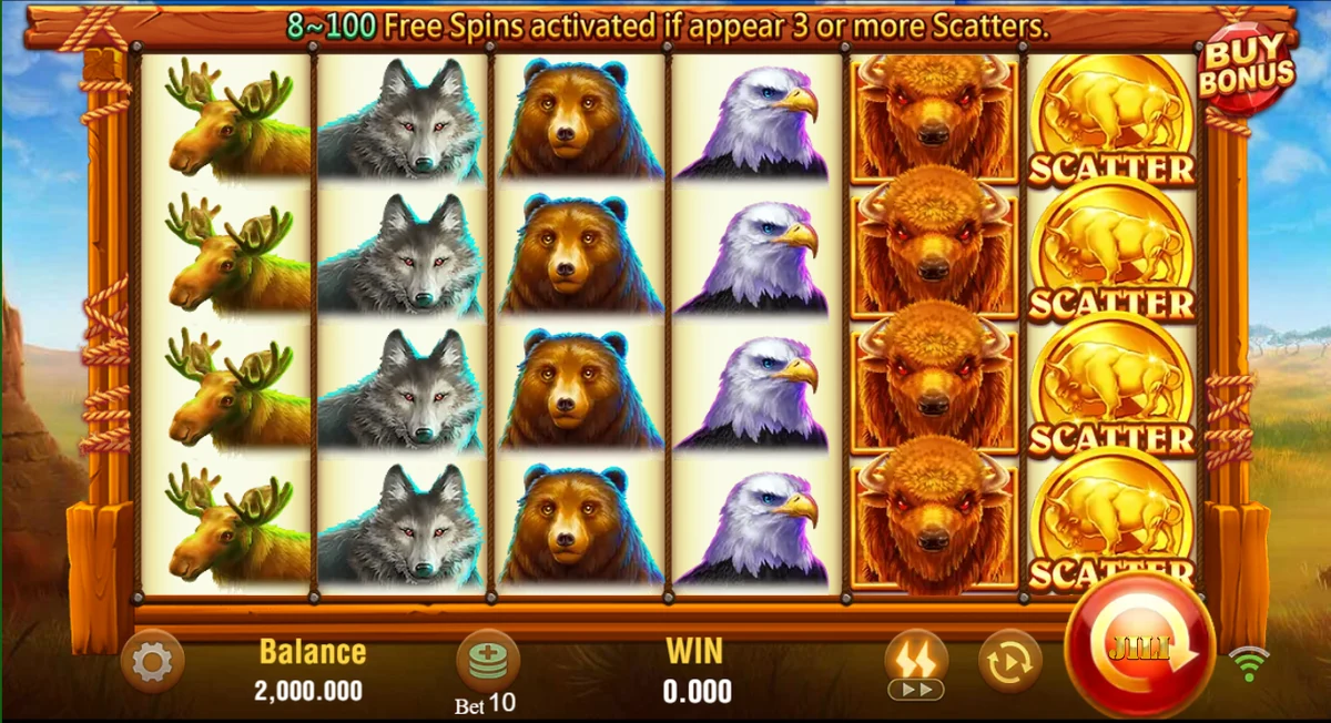 Charge Buffalo demo spin test start: balance 2000 and bet 10 on the 6x4 grid