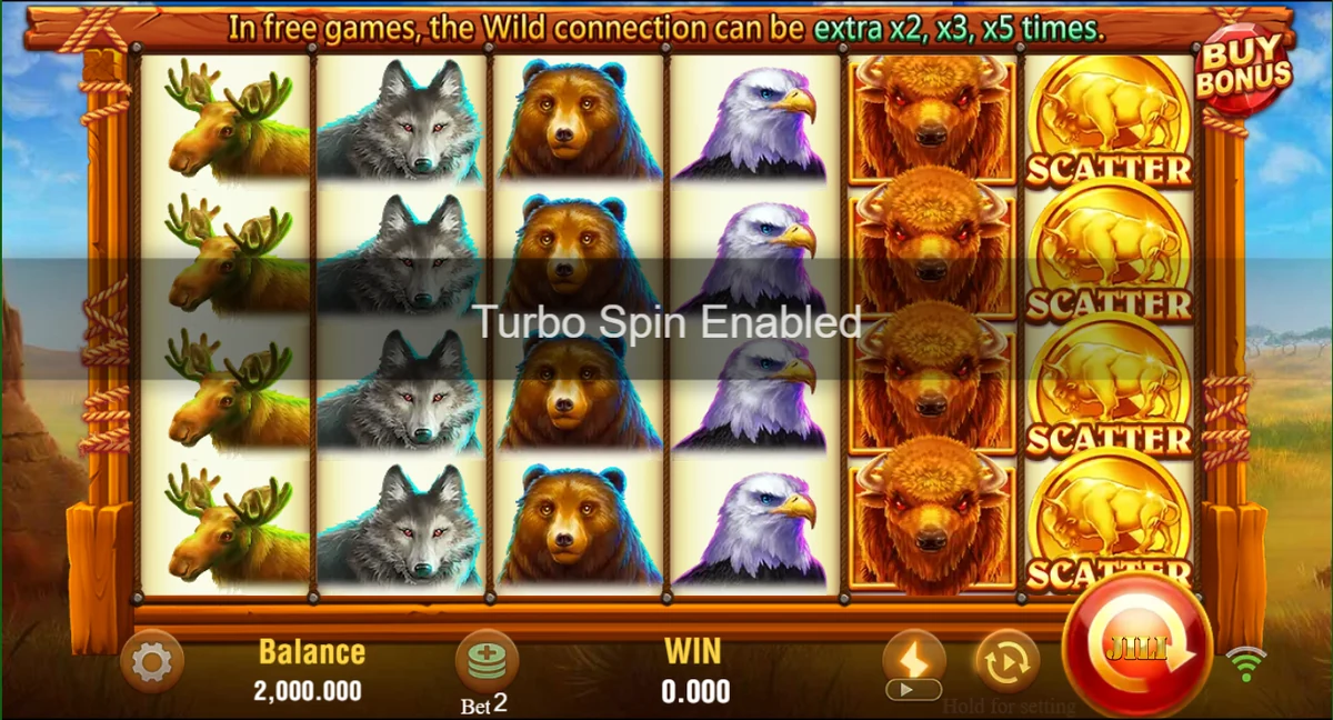 Charge Buffalo demo with turbo spin enabled on the JILI slot control bar