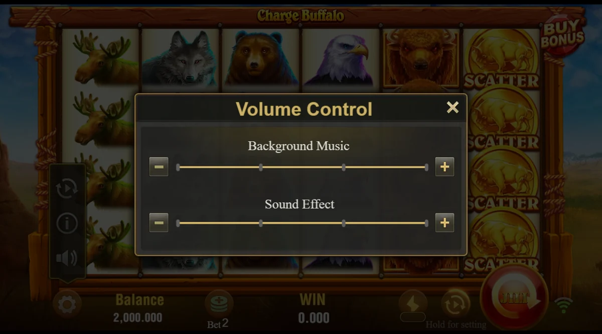 Charge Buffalo slot volume control: background music and sound effect sliders